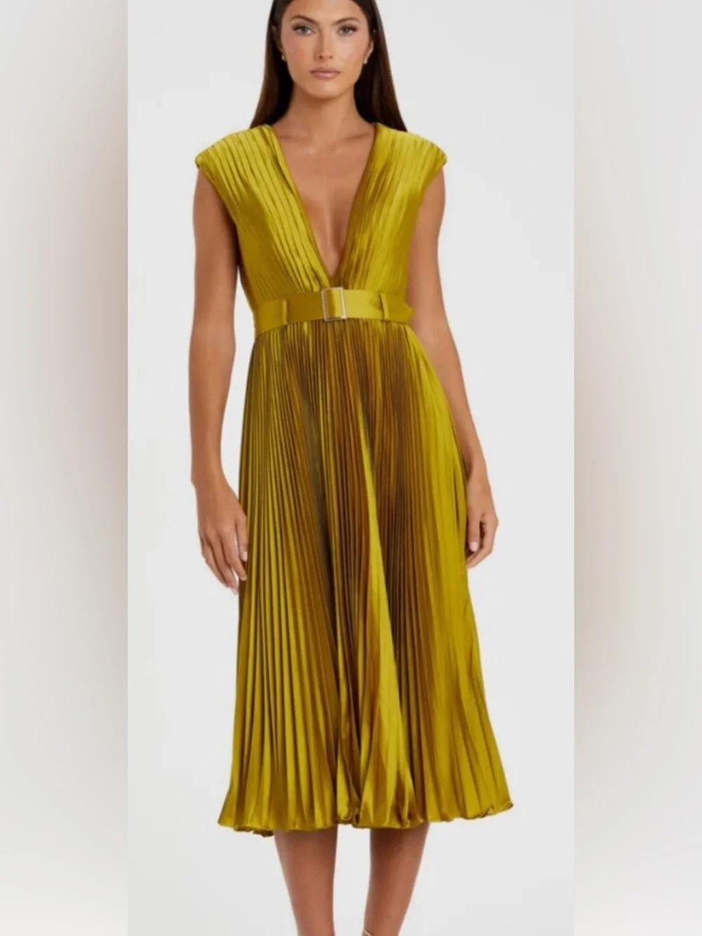 Pleated Midi Skirt Dress with Belt in Mustard